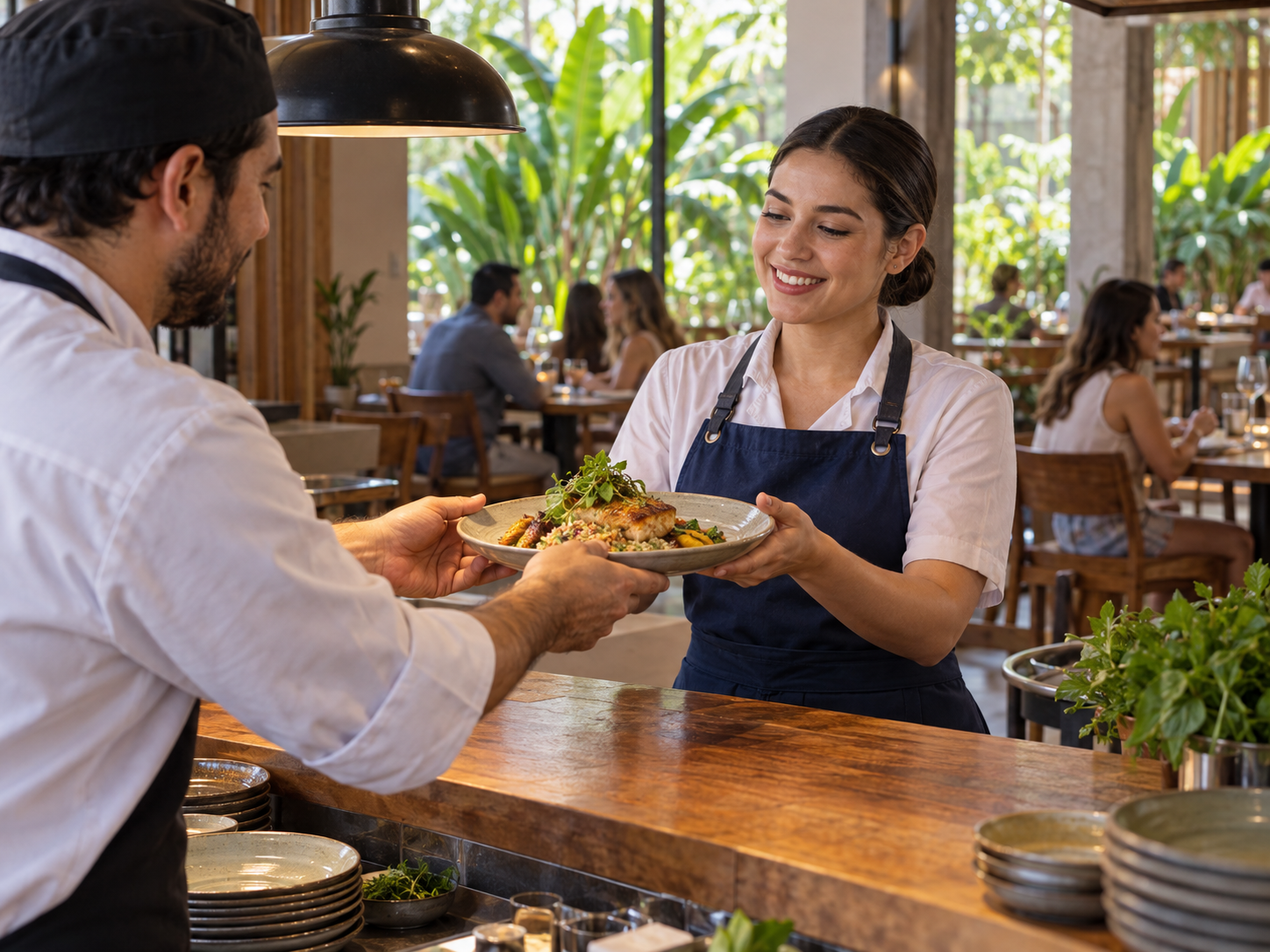 Un chef entrega un plato a una compañera durante el servicio en un restaurante luminoso
